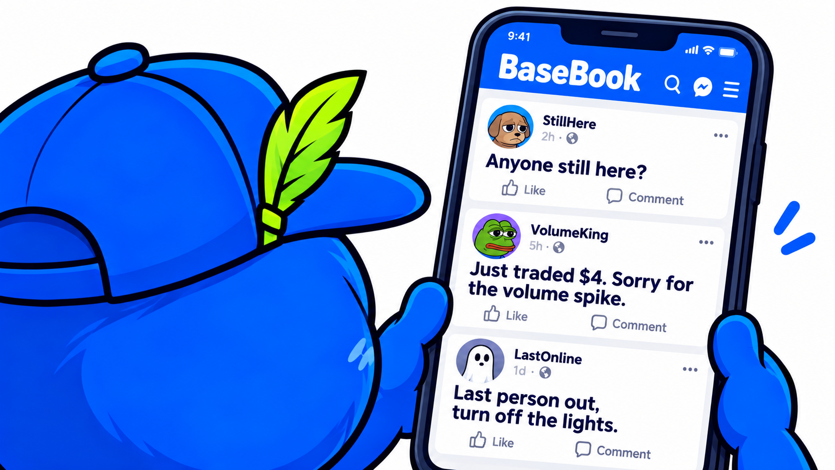 The MBGA mascot reads fictional BaseBook comments: ‘Anyone still here?’, ‘Just traded $4. Sorry for the volume spike.’ and ‘Last person out, turn off the lights.’