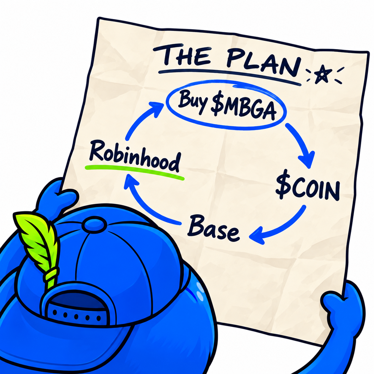 The mascot holds a plan with arrows circling from Buy $MBGA to $COIN to Base to Robinhood and back again.
